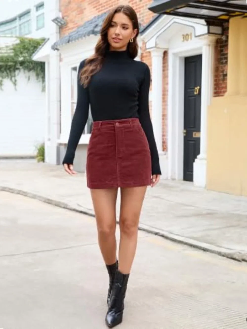 Stretch Corduroy High Waisted Mini Pencil Skirt with Pockets